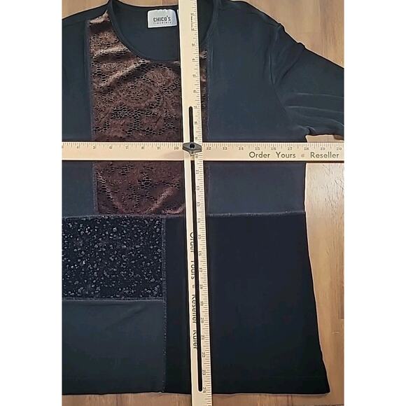 Chico’s Travelers Black Patchwork Tunic Top Long Sleeve Sz 1 M EUC - Picture 4 of 6